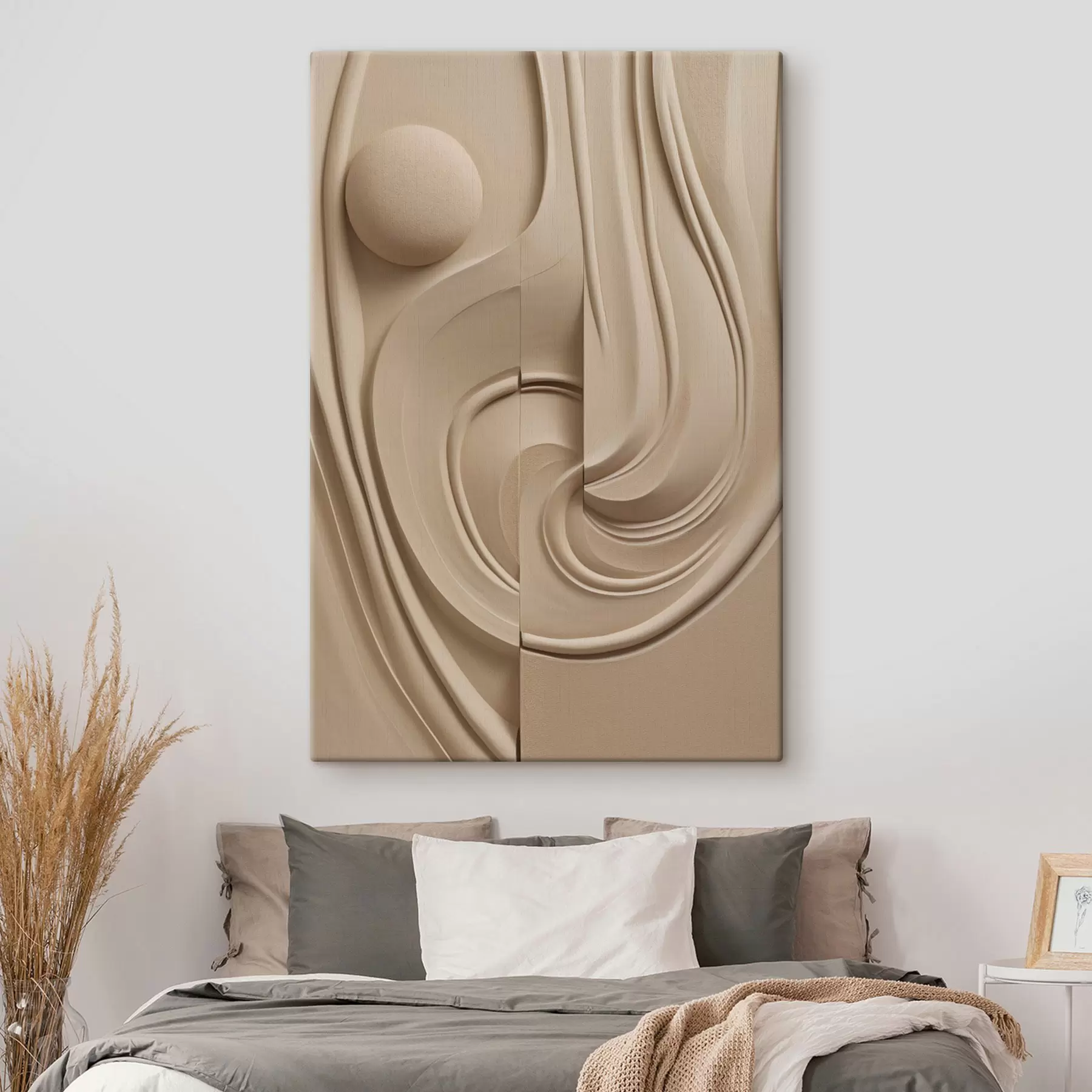 Fototapete Ein abstraktes, strukturiertes Kunstwerk in Beige mit fließenden Linien und einer Kugel s49775