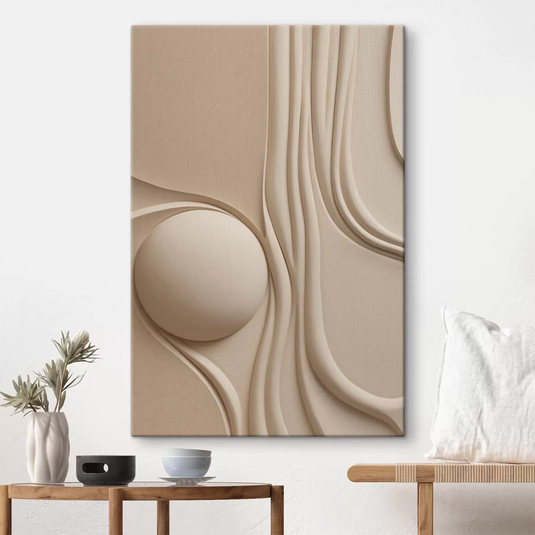 Fototapete Ein abstraktes, strukturiertes Kunstwerk in Beige mit fließenden Linien und einer Kugel s49776