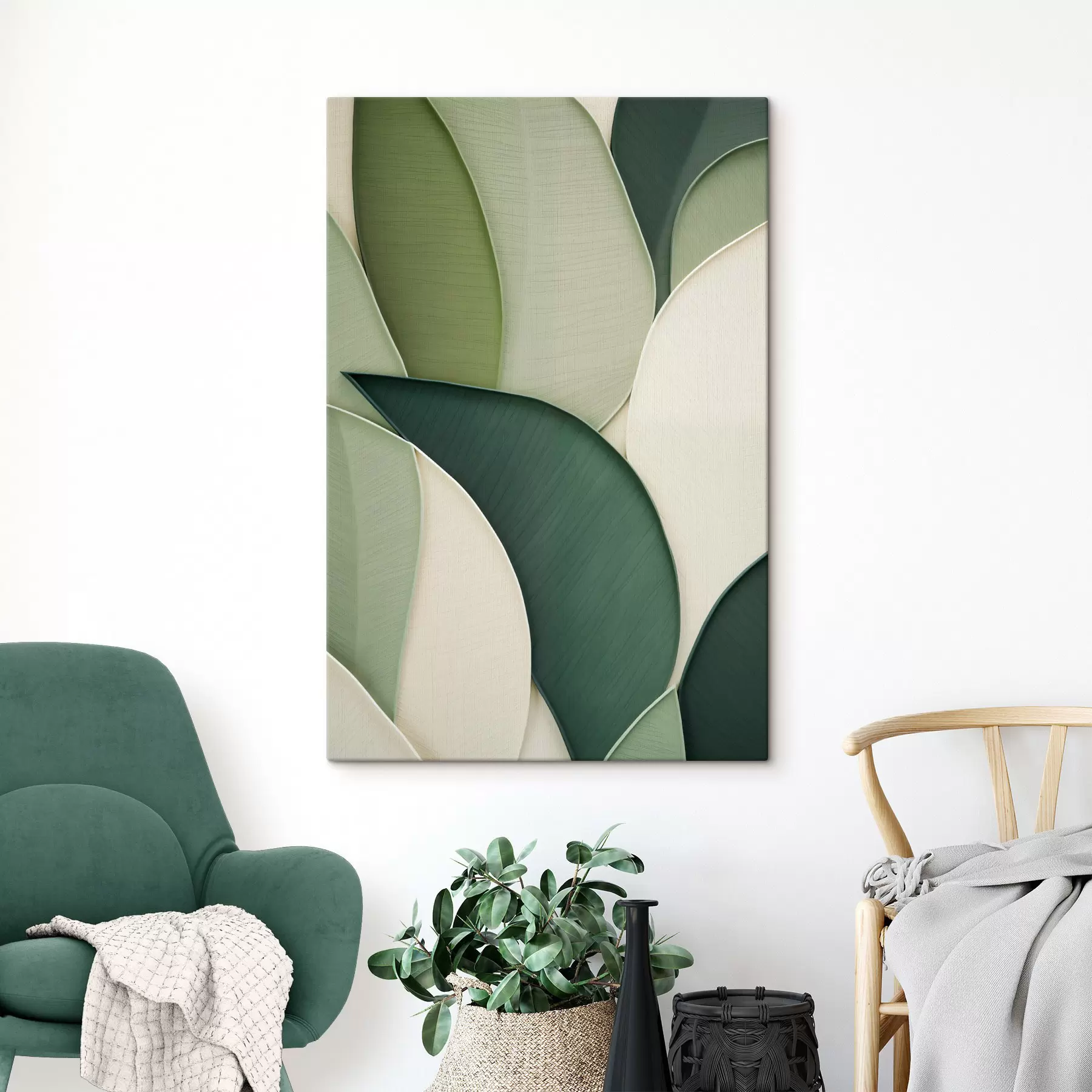 Fototapete Abstrakte Kunst mit sich überlappenden organischen Formen in Grün und Cremefarben s49777