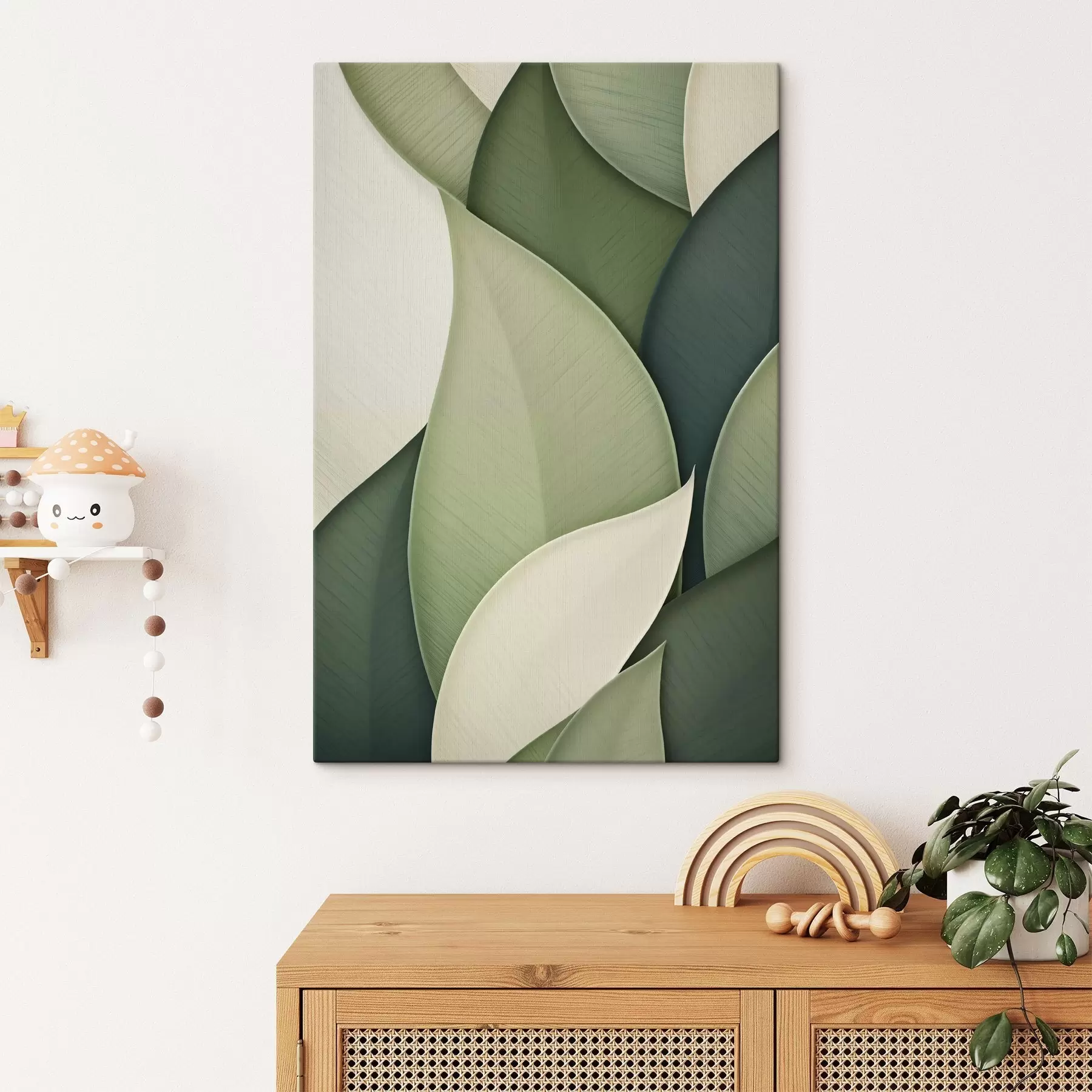 Fototapete Abstrakte Kunst mit sich überlappenden organischen Formen in Grün und Cremefarben s49778