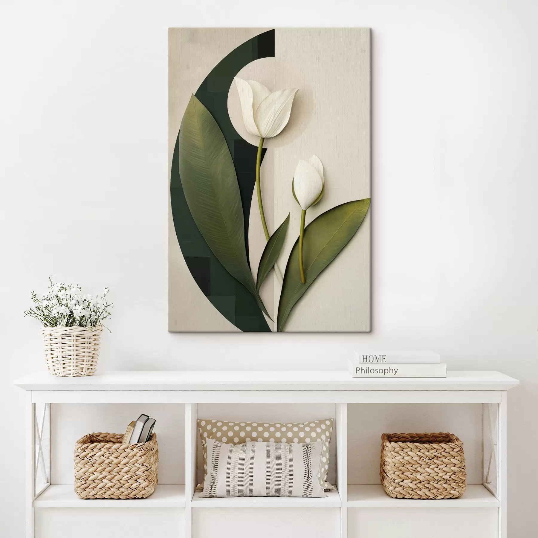 Fototapete Weiße Tulpen mit grünen Blättern und Stielen, abstrakte Kunst s49779
