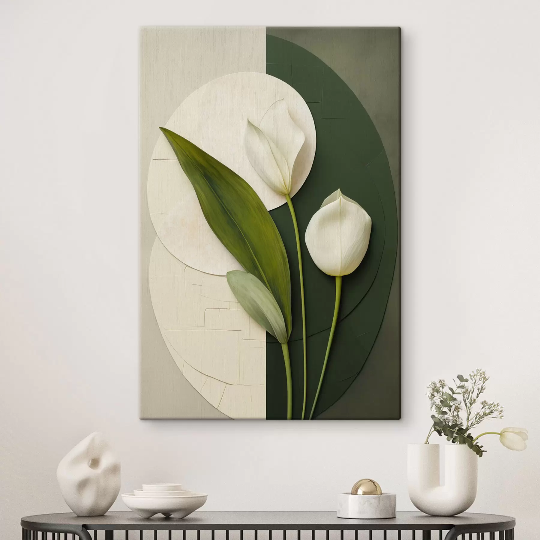 Fototapete Weiße Tulpen mit grünen Blättern und Stielen, abstrakte Kunst s49780