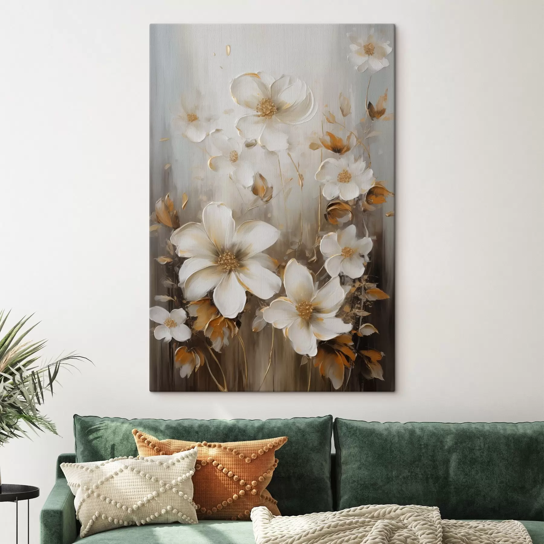 Fototapete Weiße Blüten mit strukturierten Blütenblättern und gelben Akzenten, abstrakter Hintergrund s49781