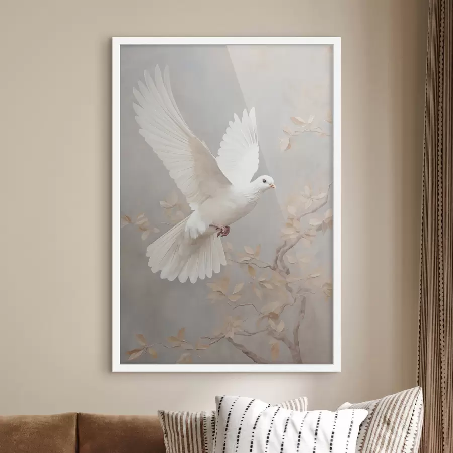 Fototapete Ein weißer Vogel in der Nähe eines Astes mit hellbraunen Blättern, dezenter Hintergrund f49763