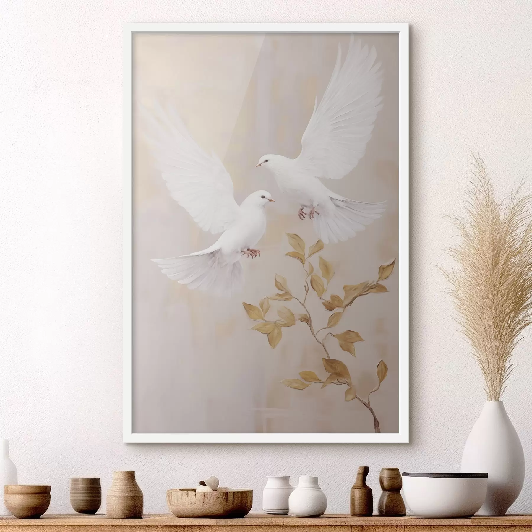 Fototapete Ein weißer Vogel in der Nähe eines Astes mit hellbraunen Blättern, dezenter Hintergrund f49764