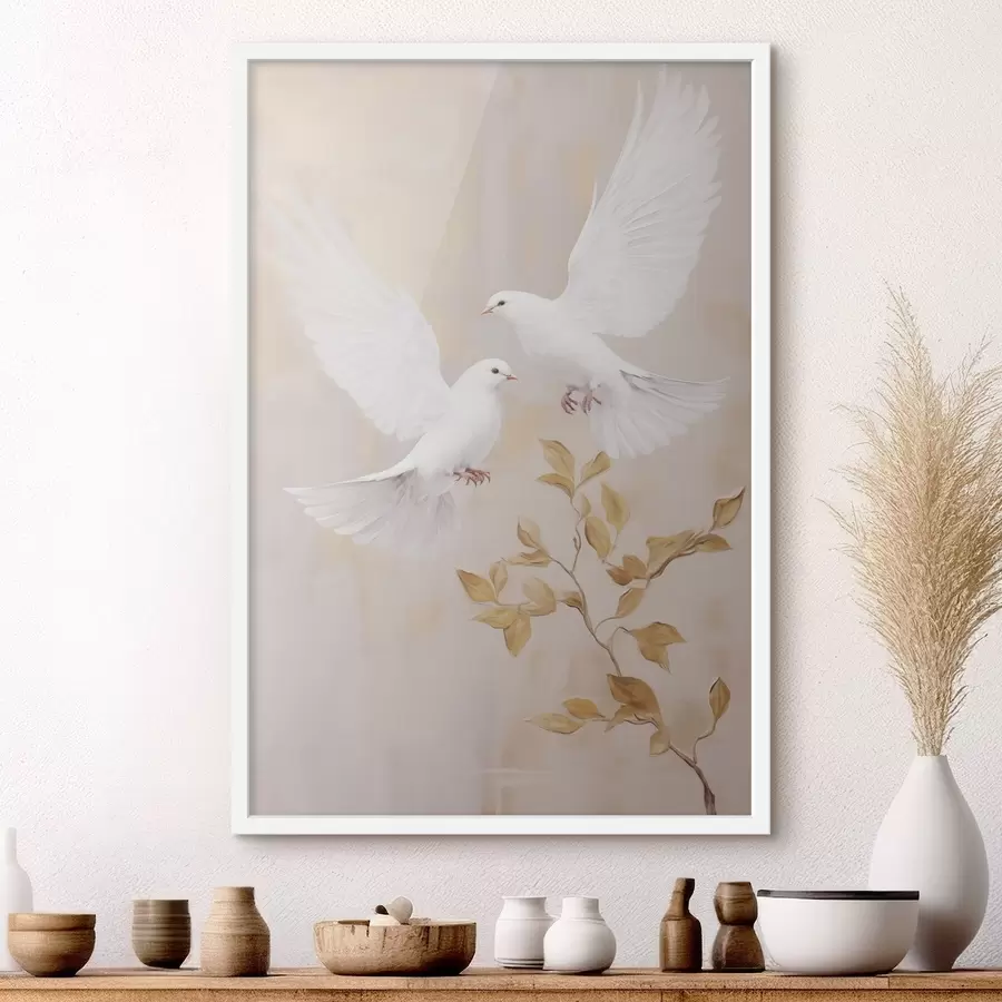 Fototapete Ein weißer Vogel in der Nähe eines Astes mit hellbraunen Blättern, dezenter Hintergrund f49764