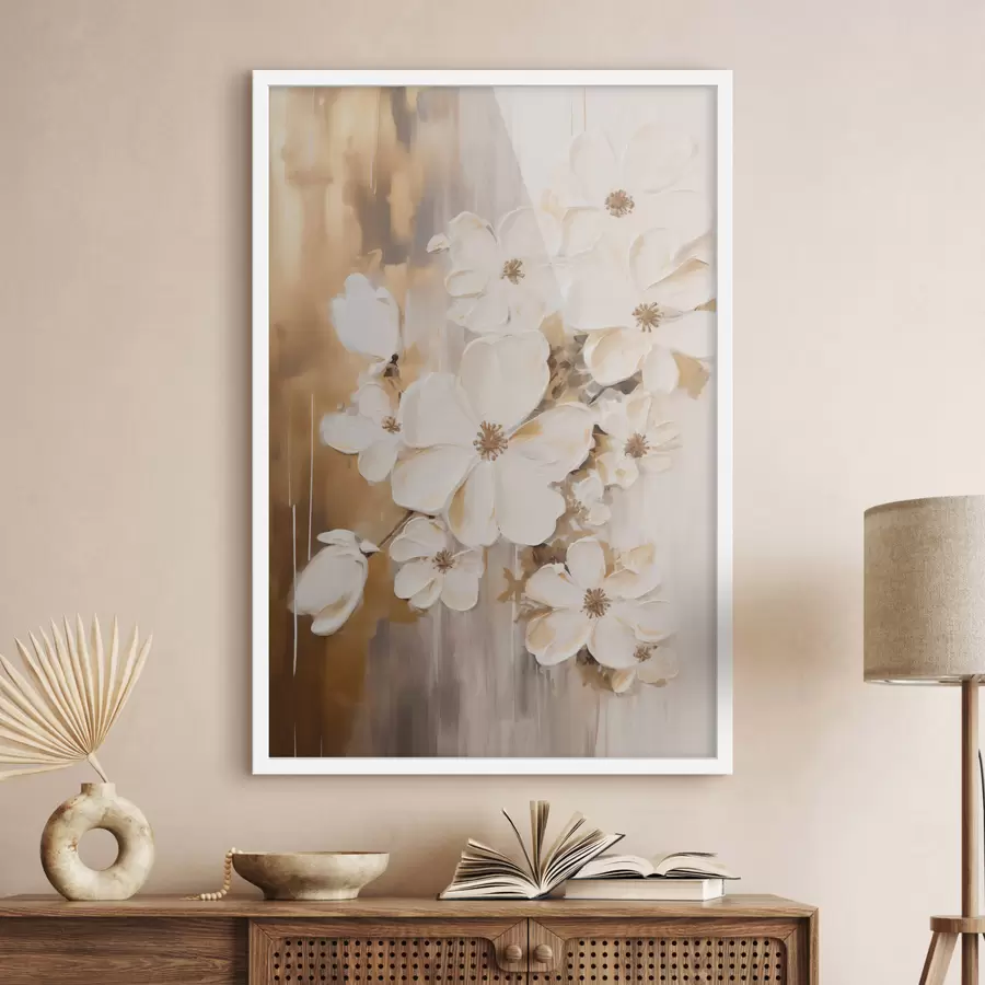 Fototapete Weiße Blumen vor einem strukturierten Hintergrund, im Malstil f49767