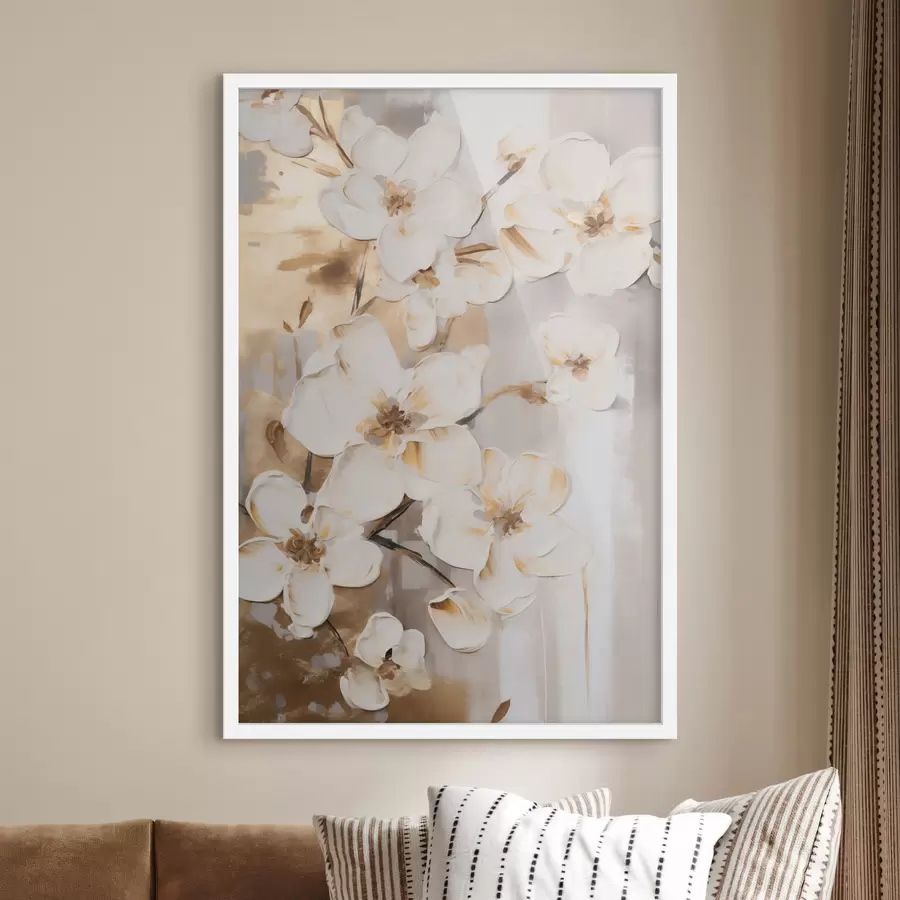 Fototapete Weiße Blumen vor einem strukturierten Hintergrund, im Malstil f49768
