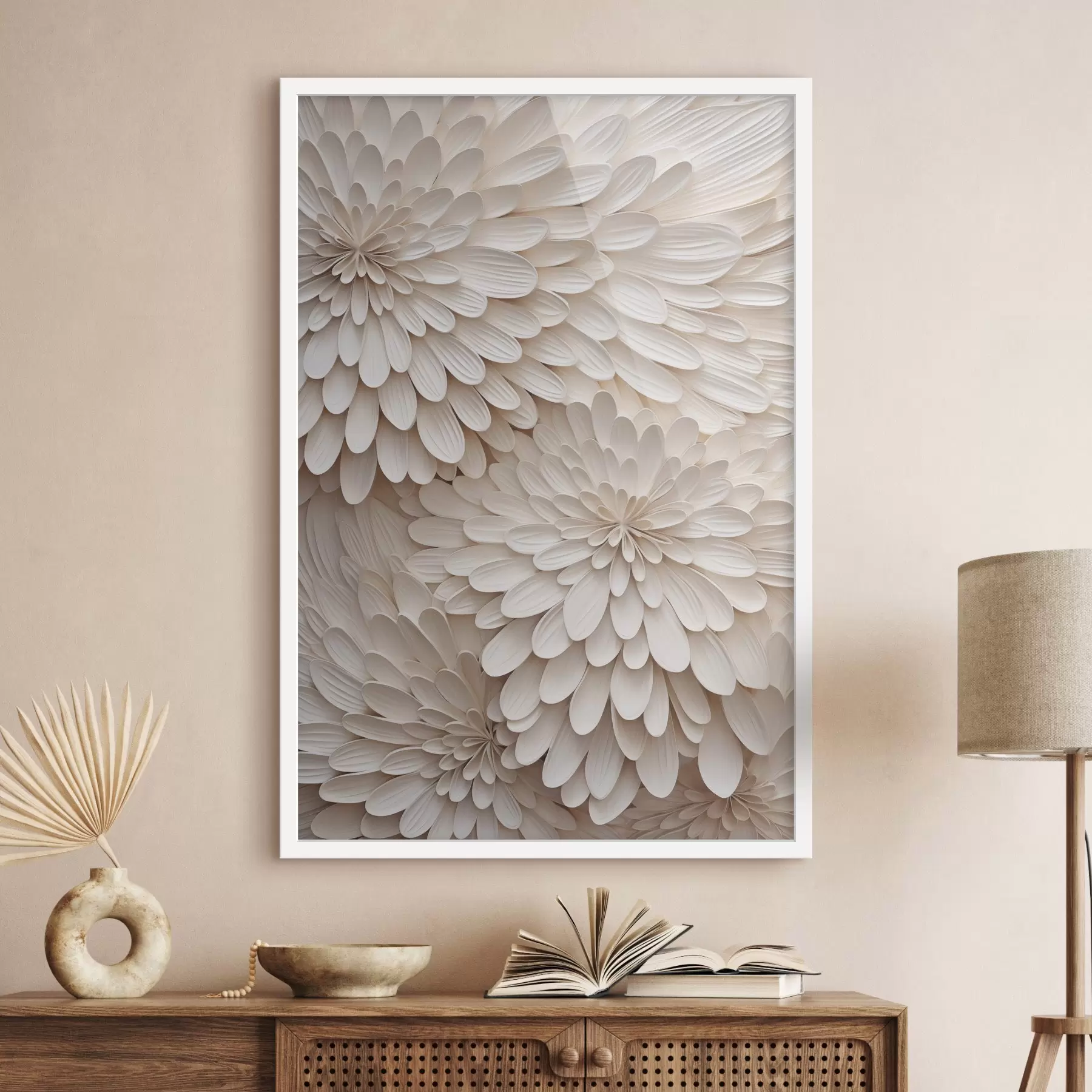 Fototapete Mehrschichtige, cremefarbene Blütenblätter, die abstrakte Blumenformen bilden – strukturierte Kunst f49769