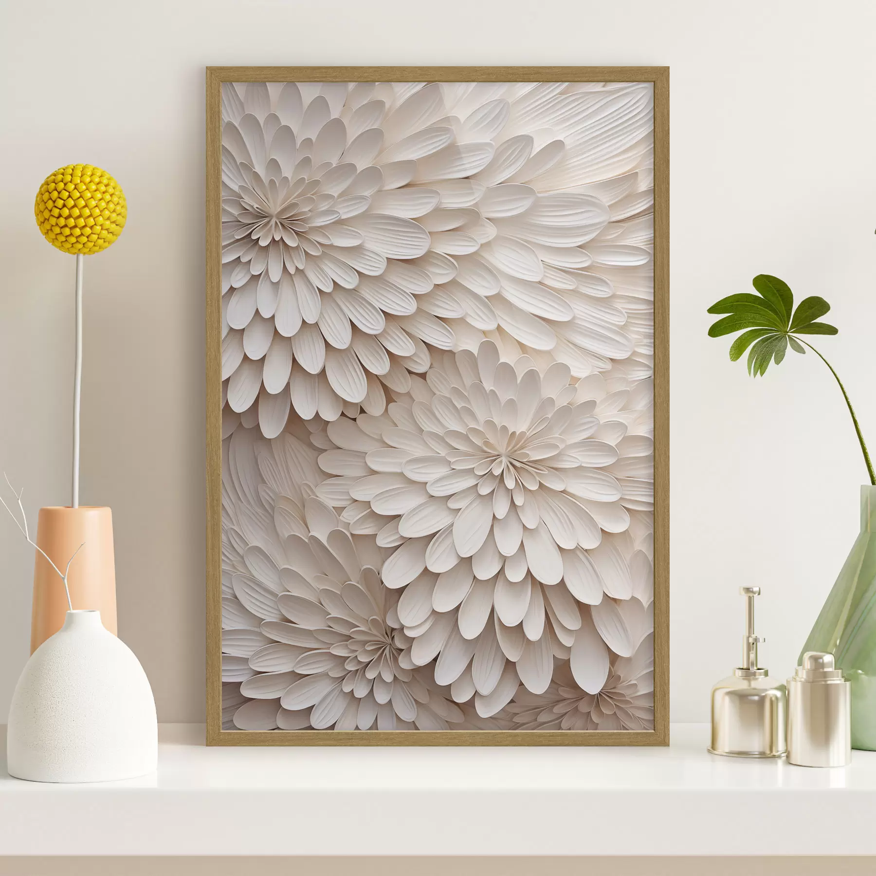 Fototapete Mehrschichtige, cremefarbene Blütenblätter, die abstrakte Blumenformen bilden – strukturierte Kunst f49769