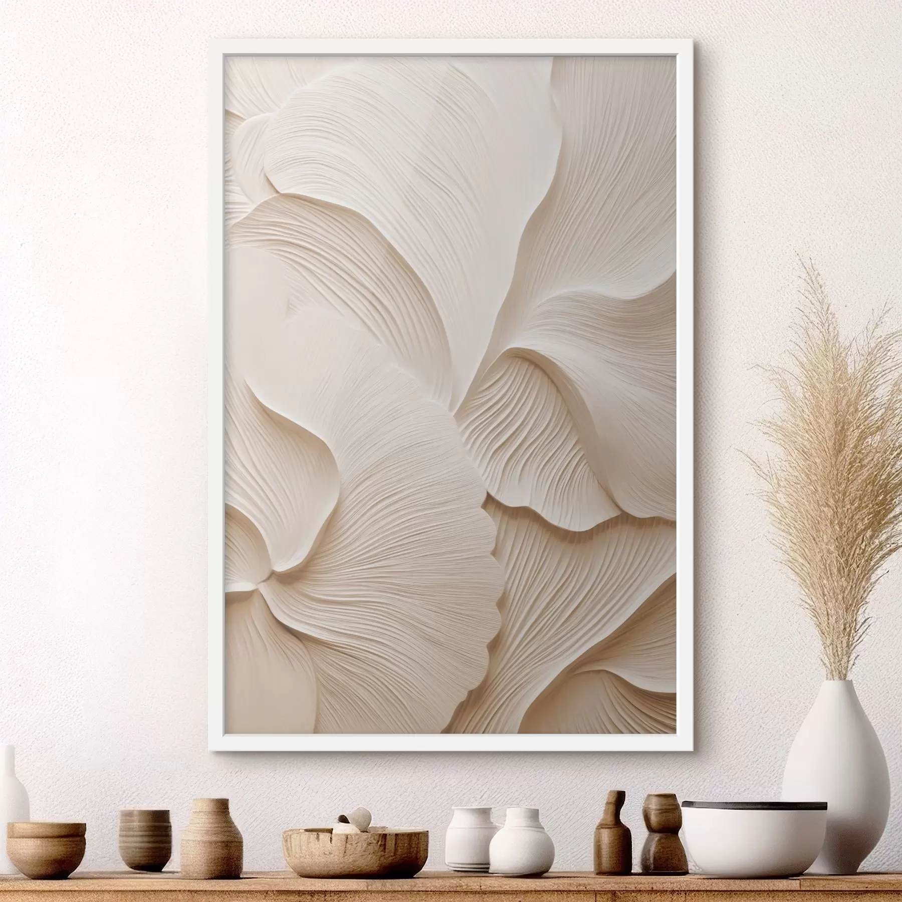 Fototapete Mehrschichtige, cremefarbene Blätter, die abstrakte Blumenformen bilden – strukturierte Kunst f49770