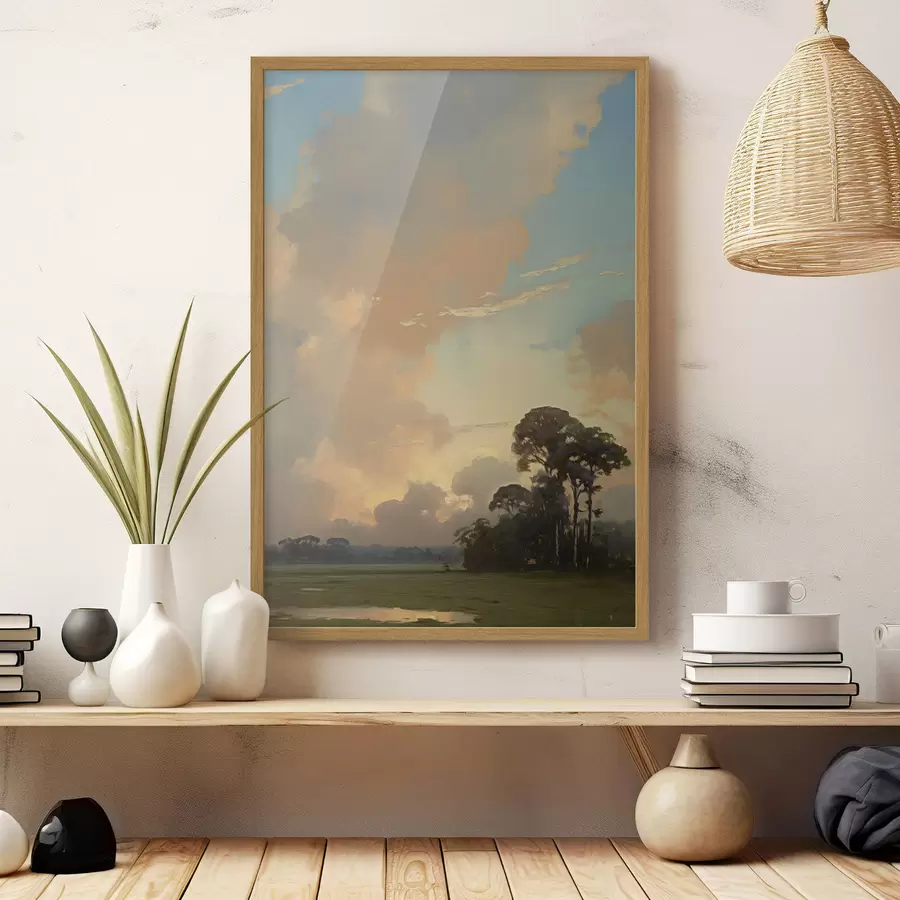 Fototapete Eine Landschaft mit einer Wiese und Bäumen in der Ferne, bewölkter Himmel f49774