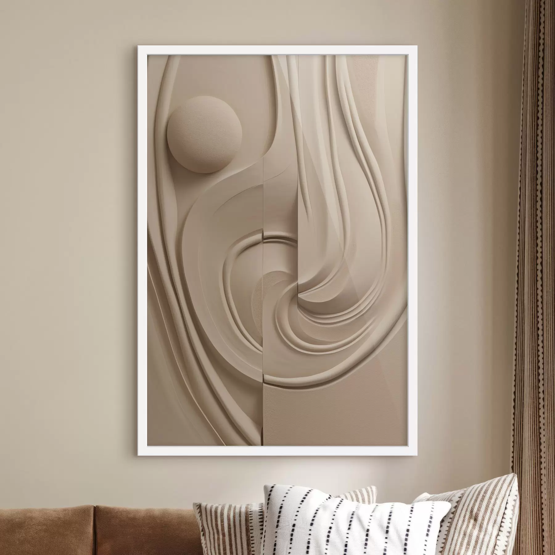 Fototapete Ein abstraktes, strukturiertes Kunstwerk in Beige mit fließenden Linien und einer Kugel f49775