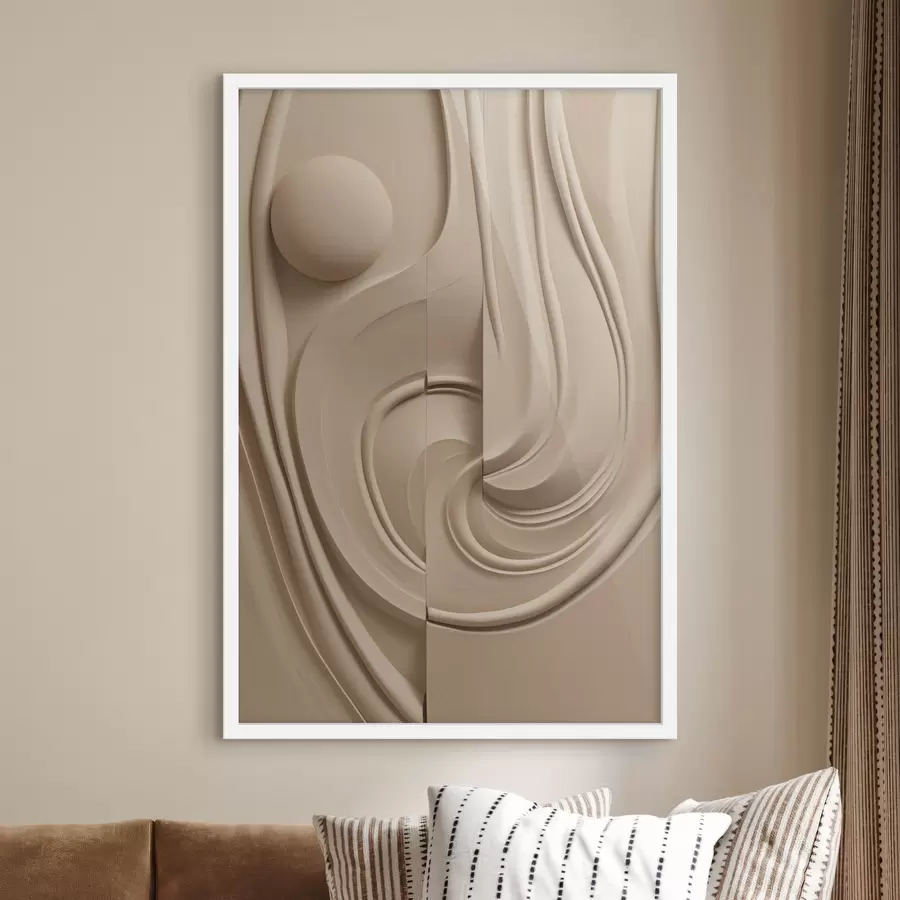 Fototapete Ein abstraktes, strukturiertes Kunstwerk in Beige mit fließenden Linien und einer Kugel f49775