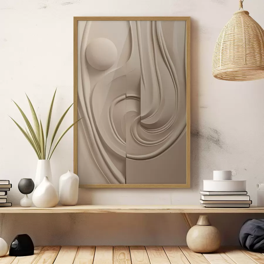 Fototapete Ein abstraktes, strukturiertes Kunstwerk in Beige mit fließenden Linien und einer Kugel f49775