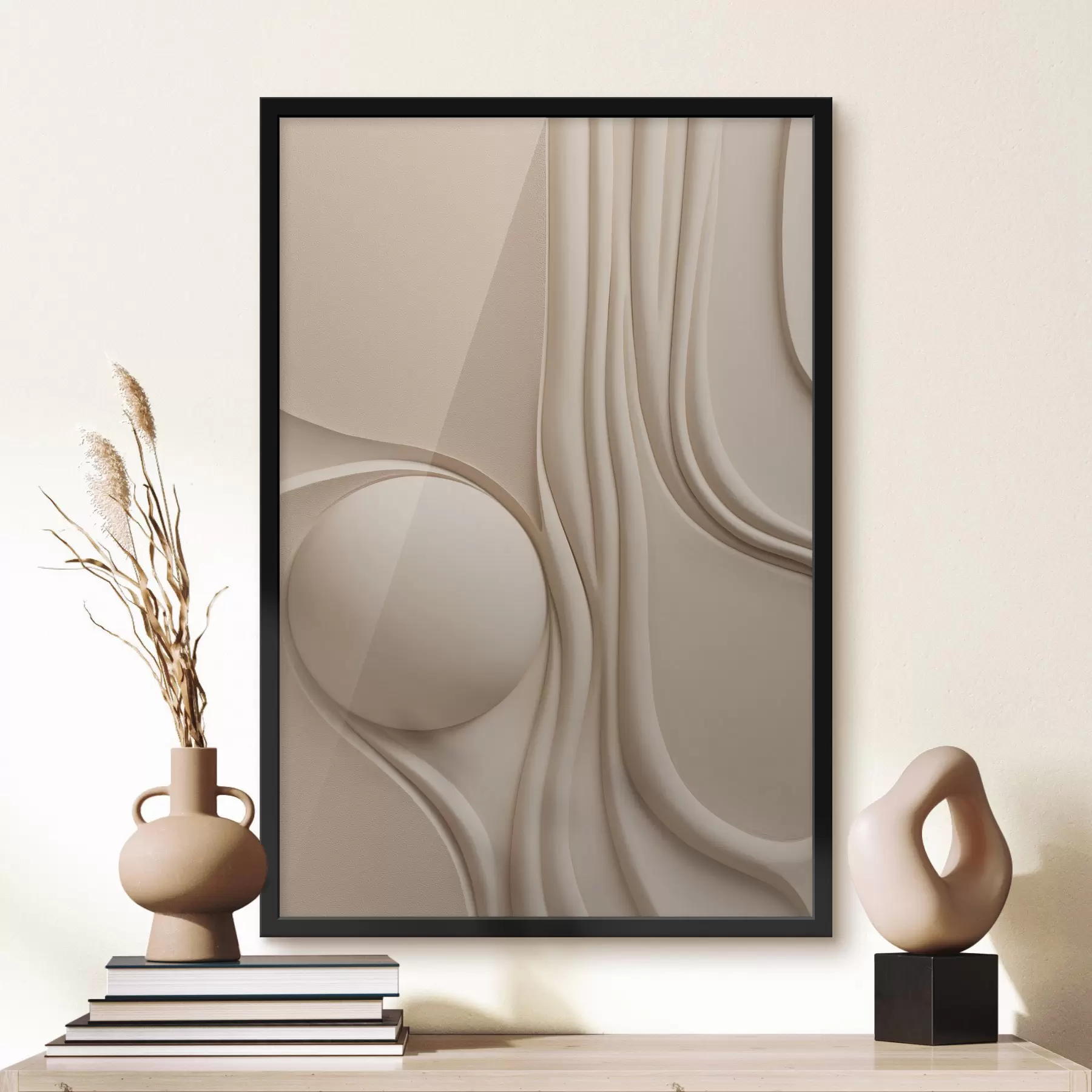 Fototapete Ein abstraktes, strukturiertes Kunstwerk in Beige mit fließenden Linien und einer Kugel f49776