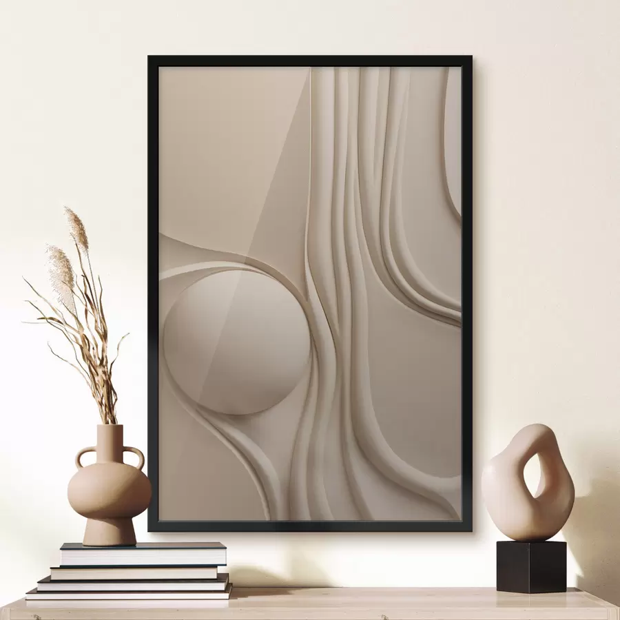 Fototapete Ein abstraktes, strukturiertes Kunstwerk in Beige mit fließenden Linien und einer Kugel f49776