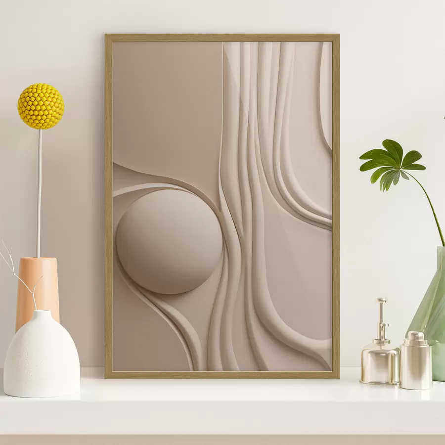 Fototapete Ein abstraktes, strukturiertes Kunstwerk in Beige mit fließenden Linien und einer Kugel f49776
