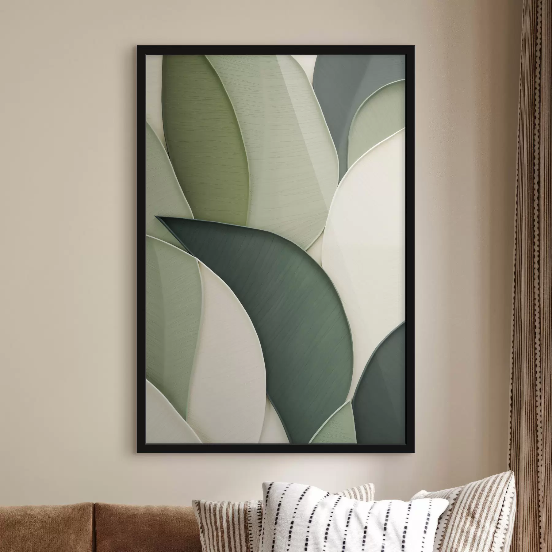 Fototapete Abstrakte Kunst mit sich überlappenden organischen Formen in Grün und Cremefarben f49777