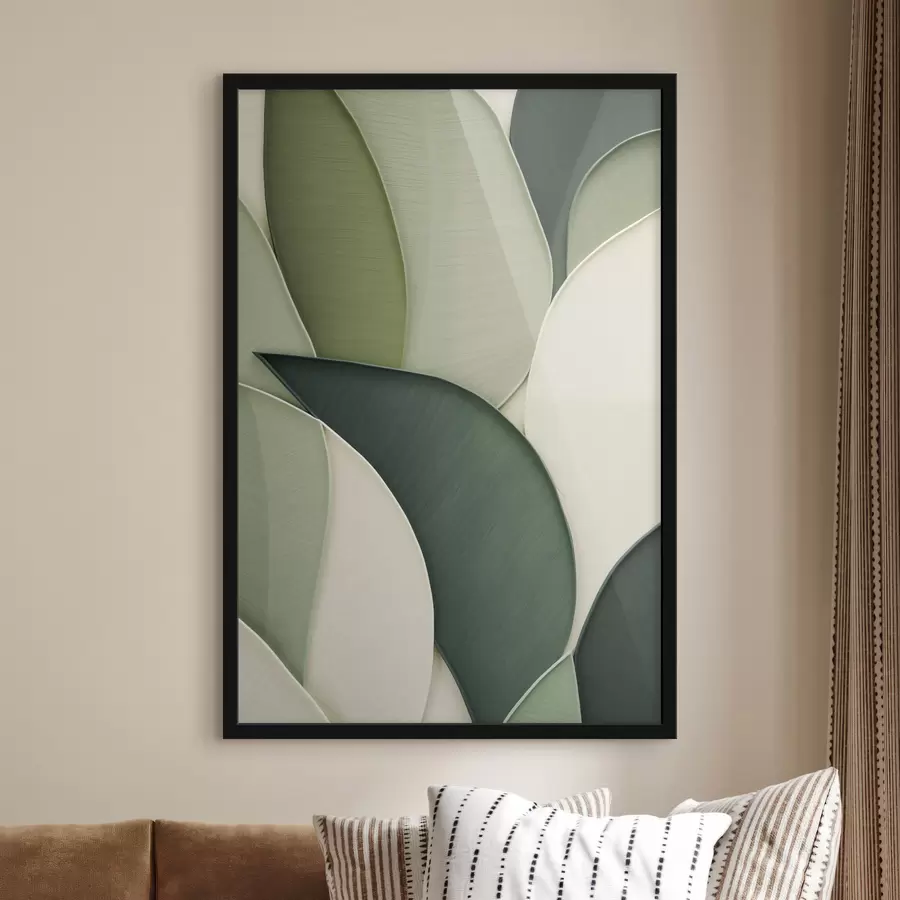 Fototapete Abstrakte Kunst mit sich überlappenden organischen Formen in Grün und Cremefarben f49777