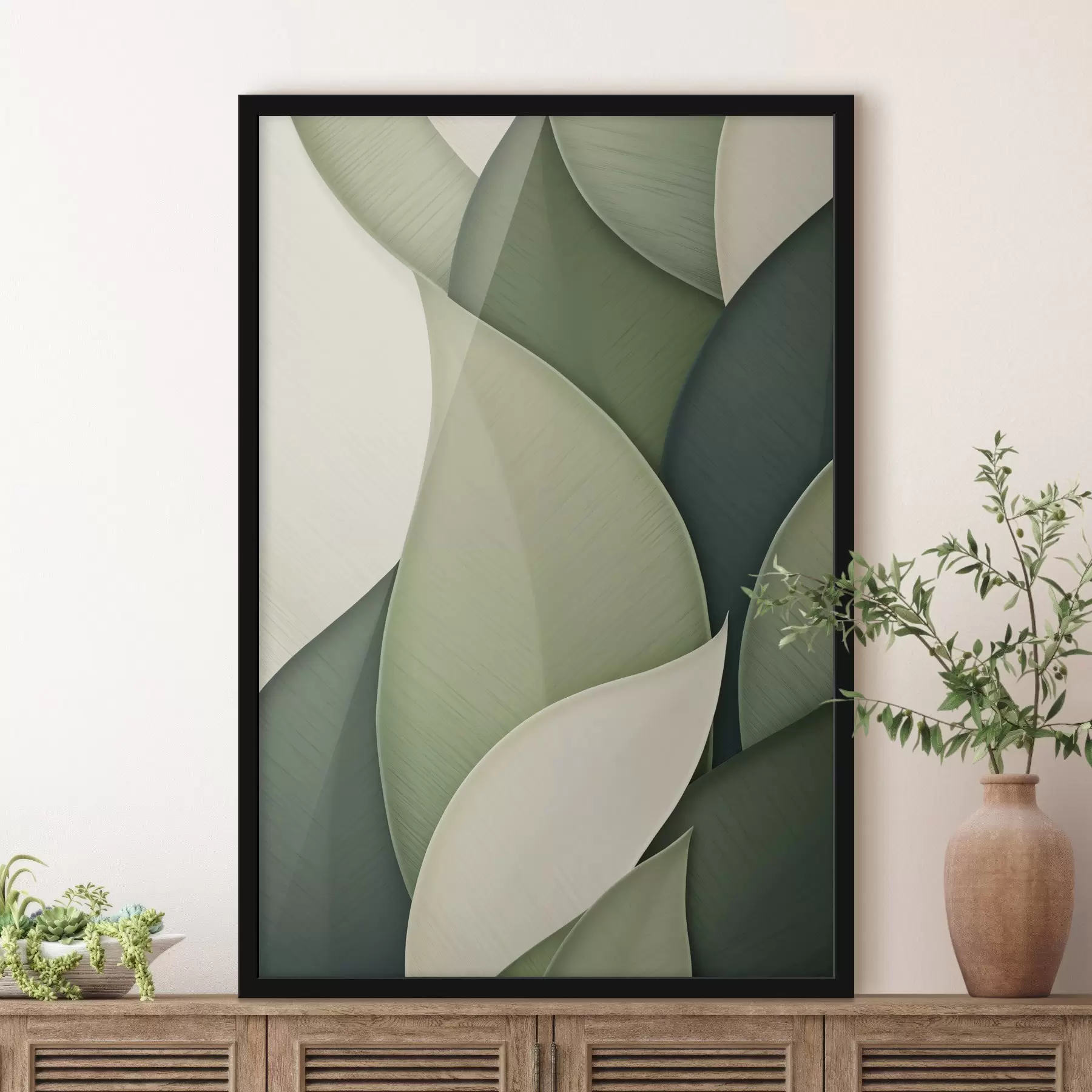 Fototapete Abstrakte Kunst mit sich überlappenden organischen Formen in Grün und Cremefarben f49778