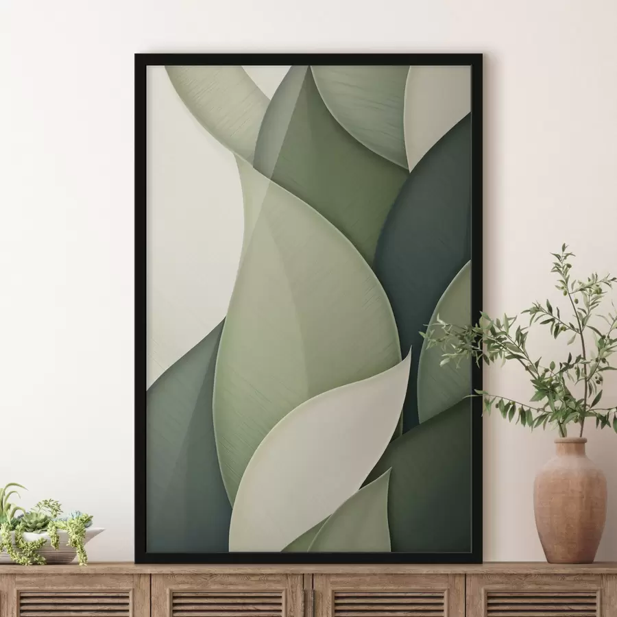 Fototapete Abstrakte Kunst mit sich überlappenden organischen Formen in Grün und Cremefarben f49778