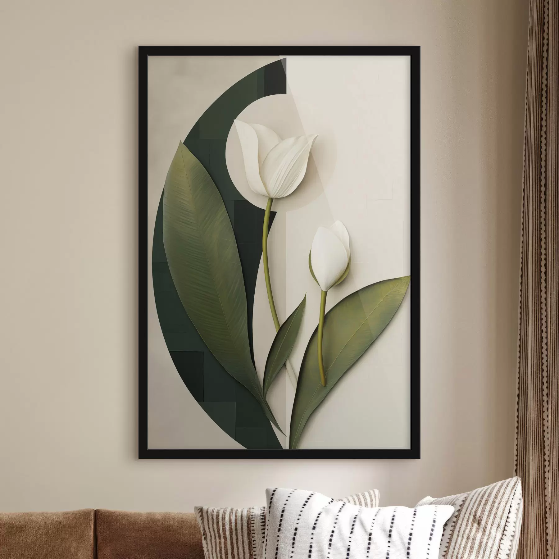 Fototapete Weiße Tulpen mit grünen Blättern und Stielen, abstrakte Kunst f49779