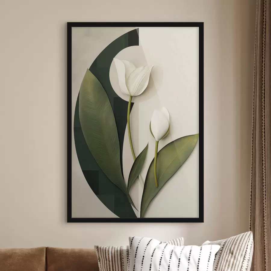 Fototapete Weiße Tulpen mit grünen Blättern und Stielen, abstrakte Kunst f49779
