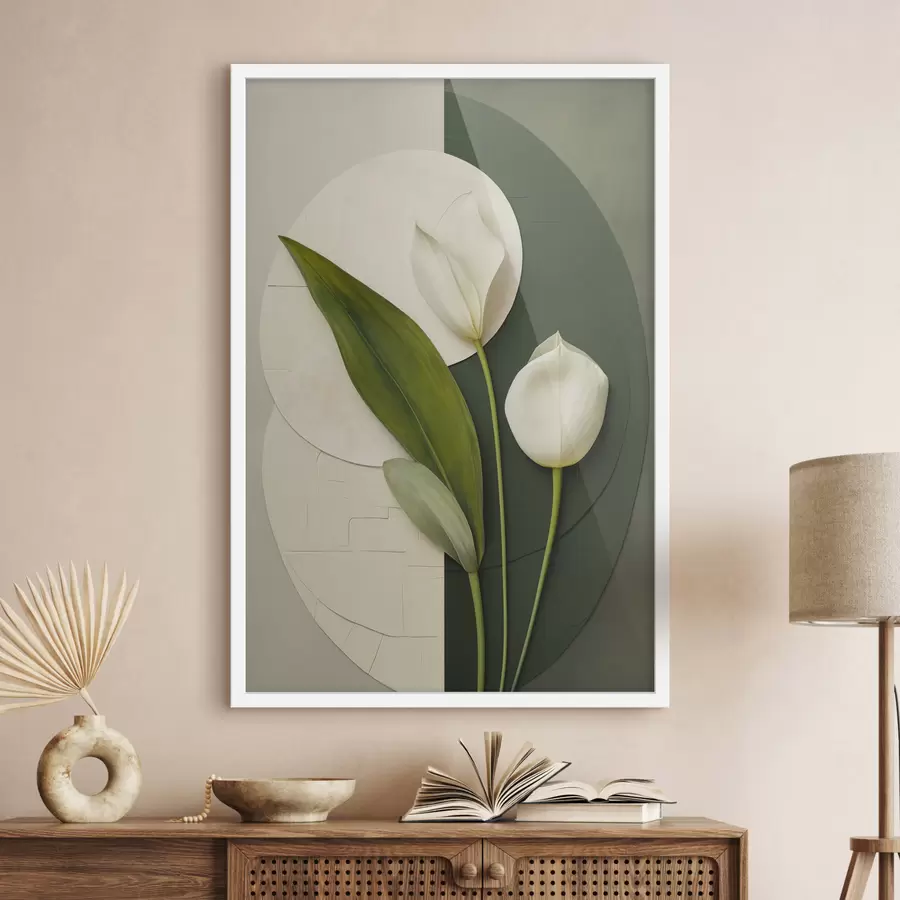 Fototapete Weiße Tulpen mit grünen Blättern und Stielen, abstrakte Kunst f49780
