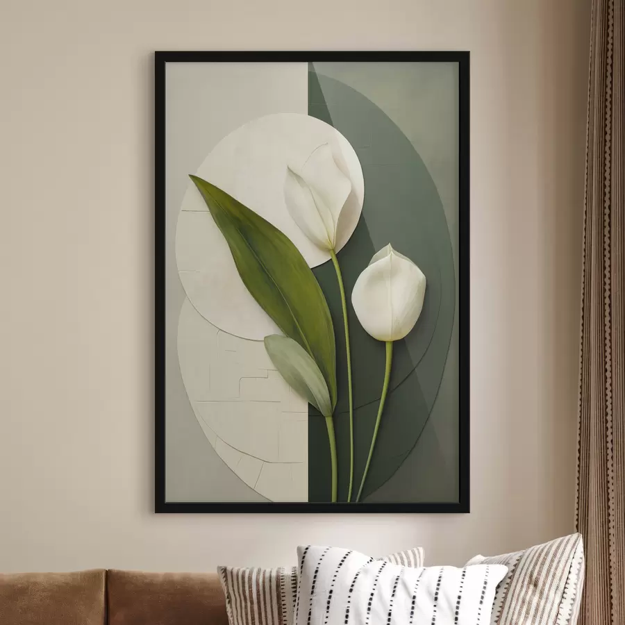 Fototapete Weiße Tulpen mit grünen Blättern und Stielen, abstrakte Kunst f49780
