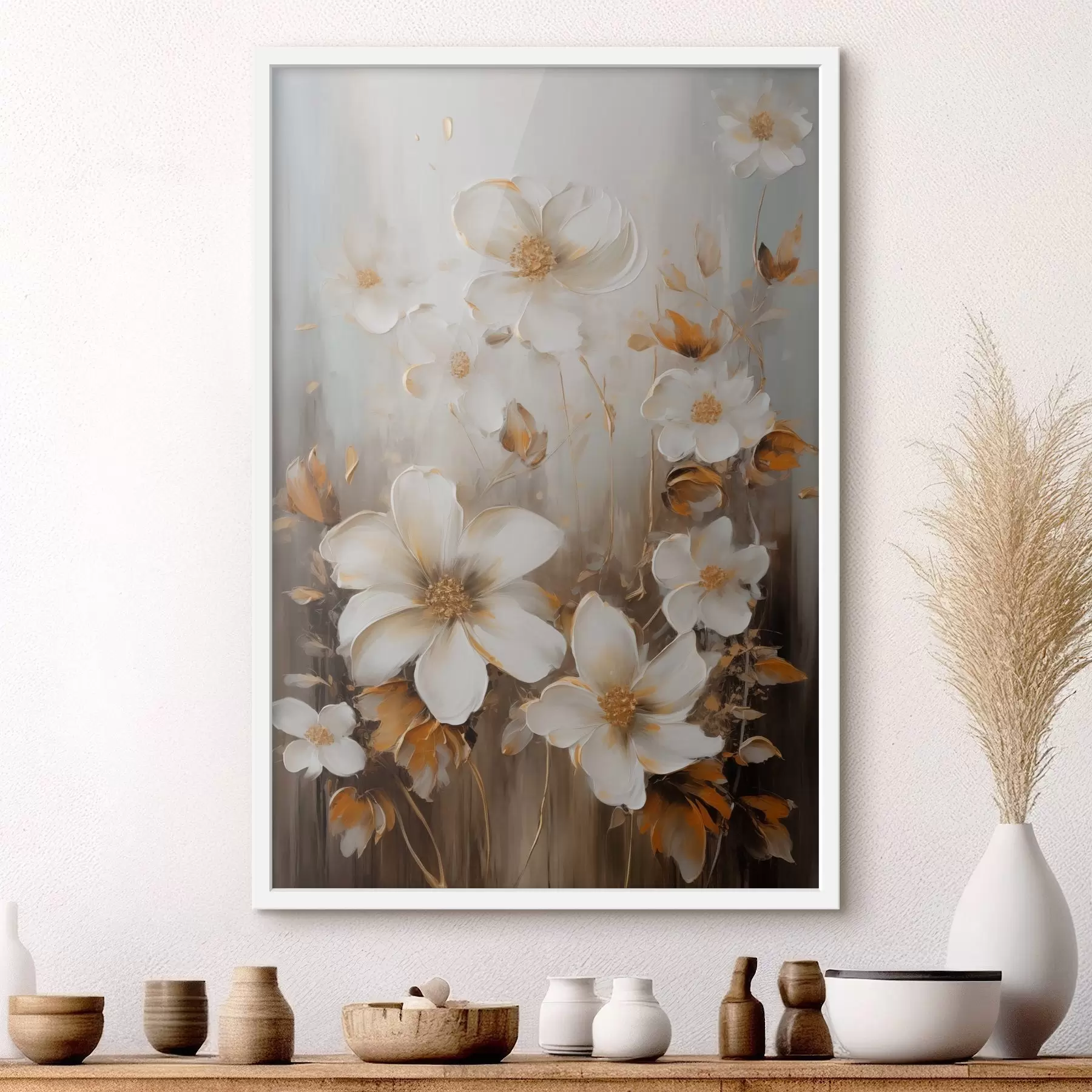 Fototapete Weiße Blüten mit strukturierten Blütenblättern und gelben Akzenten, abstrakter Hintergrund f49781