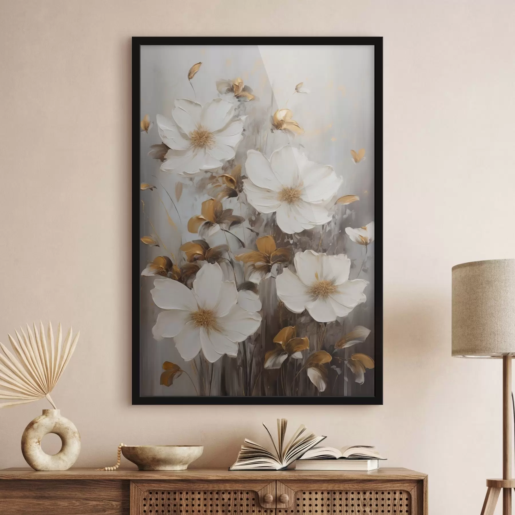 Fototapete Weiße Blüten mit strukturierten Blütenblättern und gelben Akzenten, abstrakter Hintergrund f49782