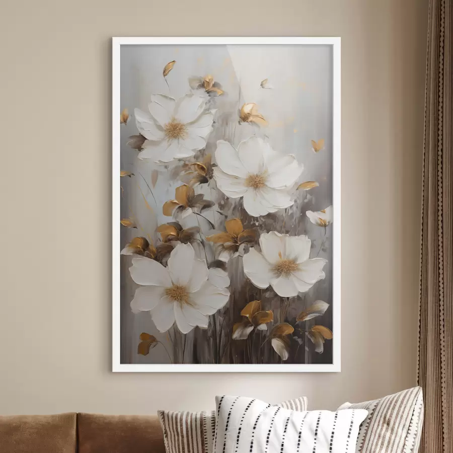 Fototapete Weiße Blüten mit strukturierten Blütenblättern und gelben Akzenten, abstrakter Hintergrund f49782