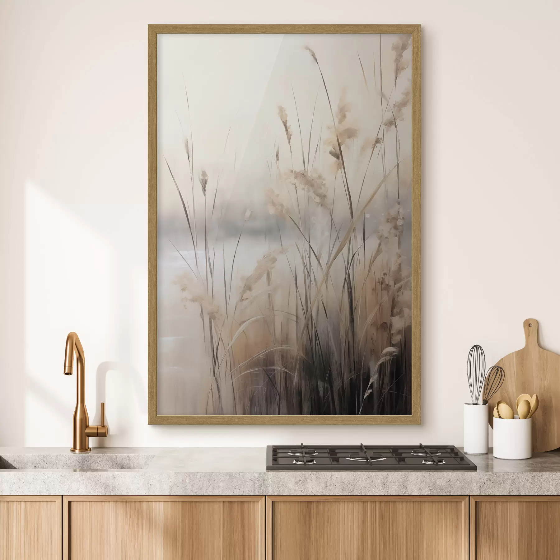 Fototapete Hohe, trockene Schilfhalme und Gräser in gedeckten Beige- und Brauntönen f49795