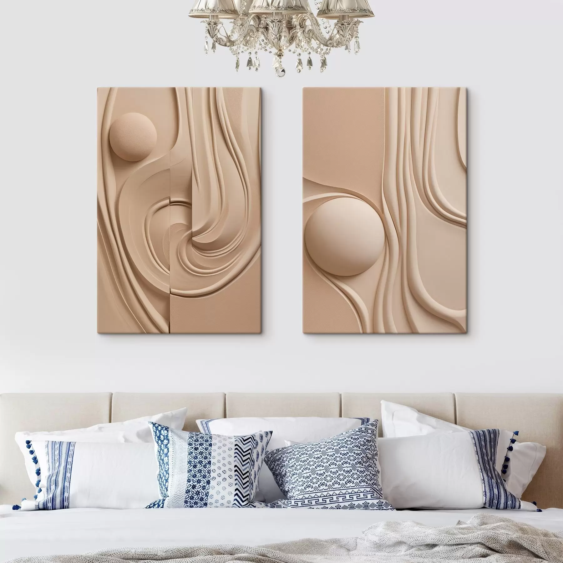 Fototapete Ein abstraktes, strukturiertes Kunstwerk in Beige mit fließenden Linien und einer Kugel m30683