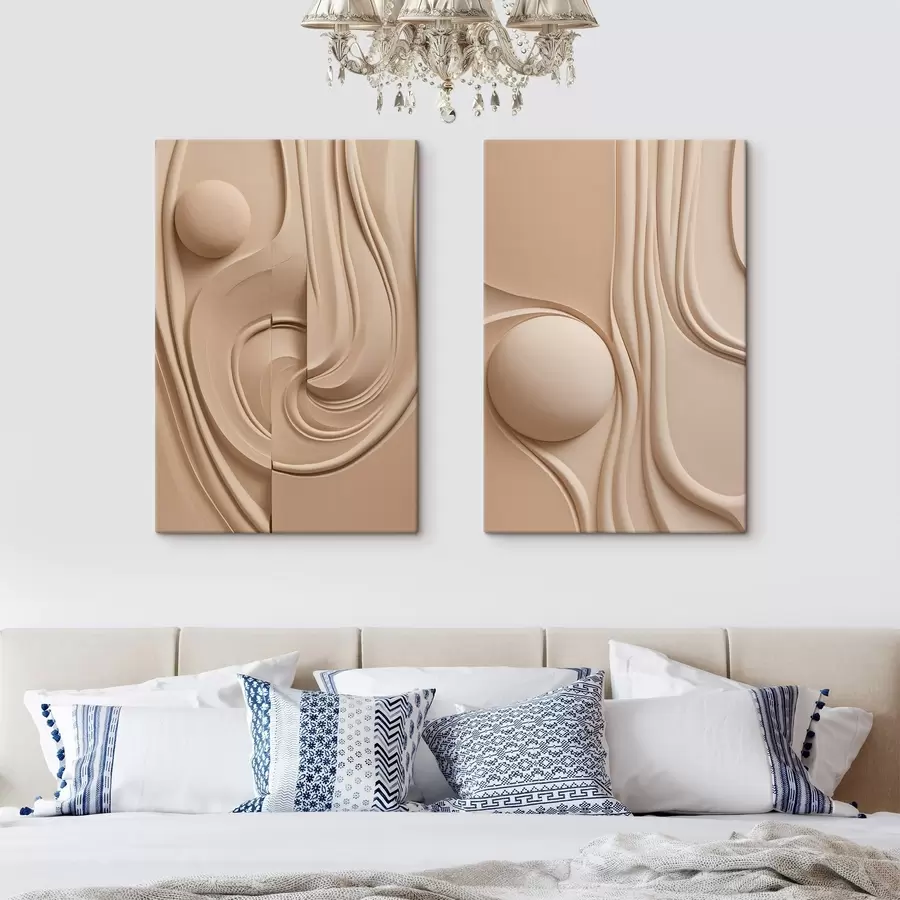 Fototapete Ein abstraktes, strukturiertes Kunstwerk in Beige mit fließenden Linien und einer Kugel m30683