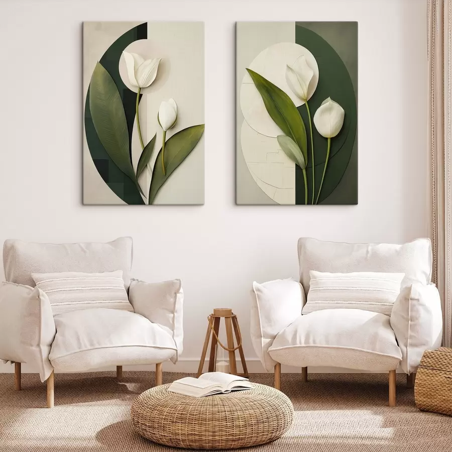 Fototapete Weiße Tulpen mit grünen Blättern und Stielen, abstrakte Kunst m30685