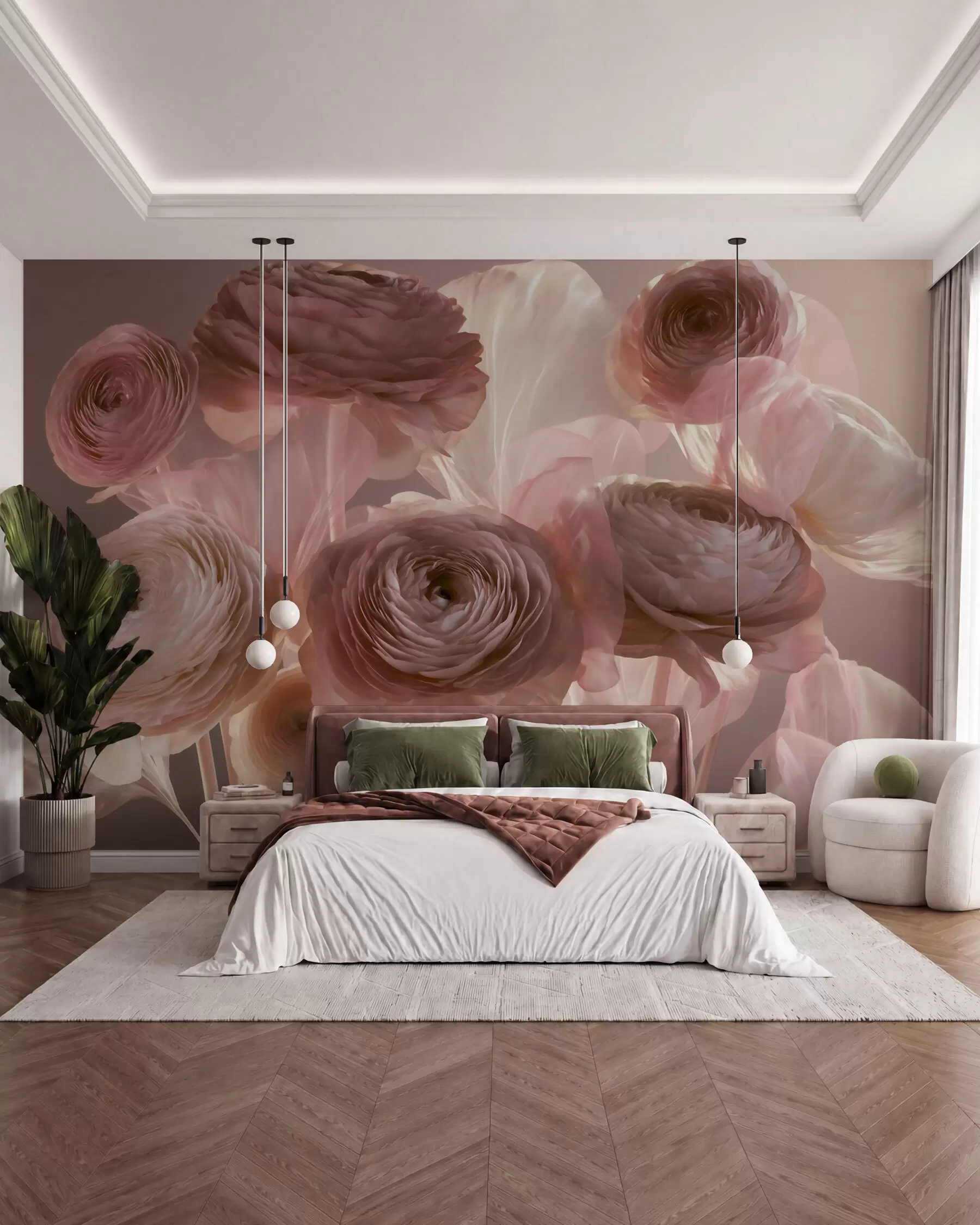 Fototapete Große, kunstvoll gestaltete Ranunkelblüten in zarten Rosa- und Cremetönen w09921