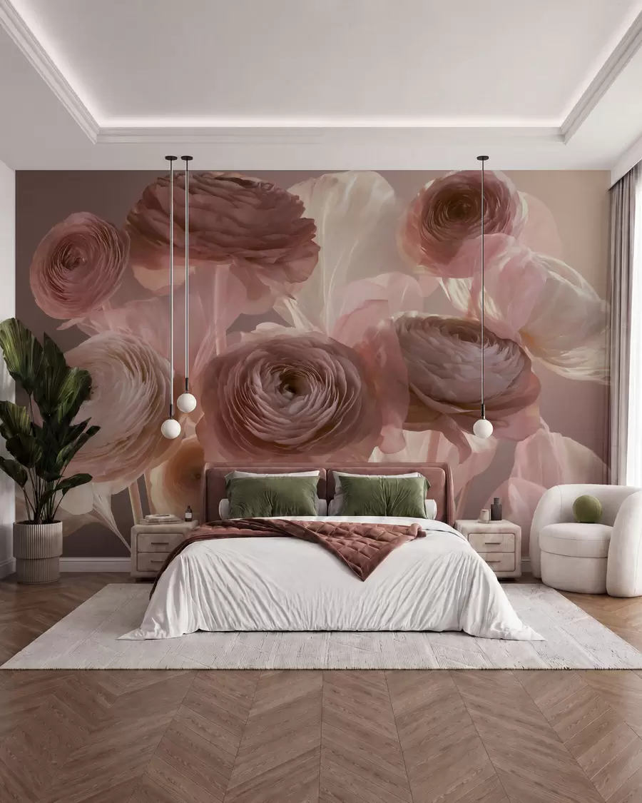 Fototapete Große, kunstvoll gestaltete Ranunkelblüten in zarten Rosa- und Cremetönen w09921