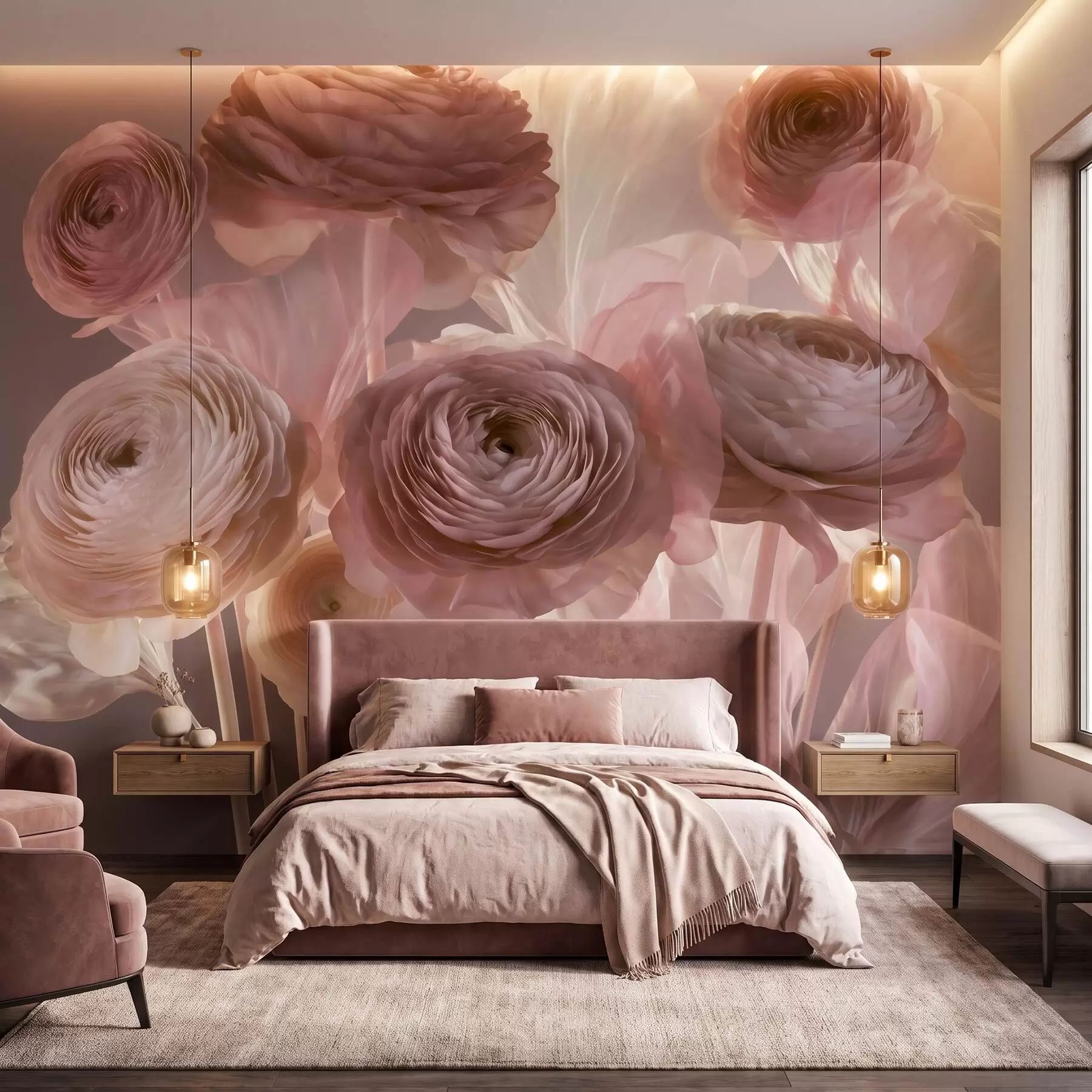 Fototapete Große, kunstvoll gestaltete Ranunkelblüten in zarten Rosa- und Cremetönen w09921