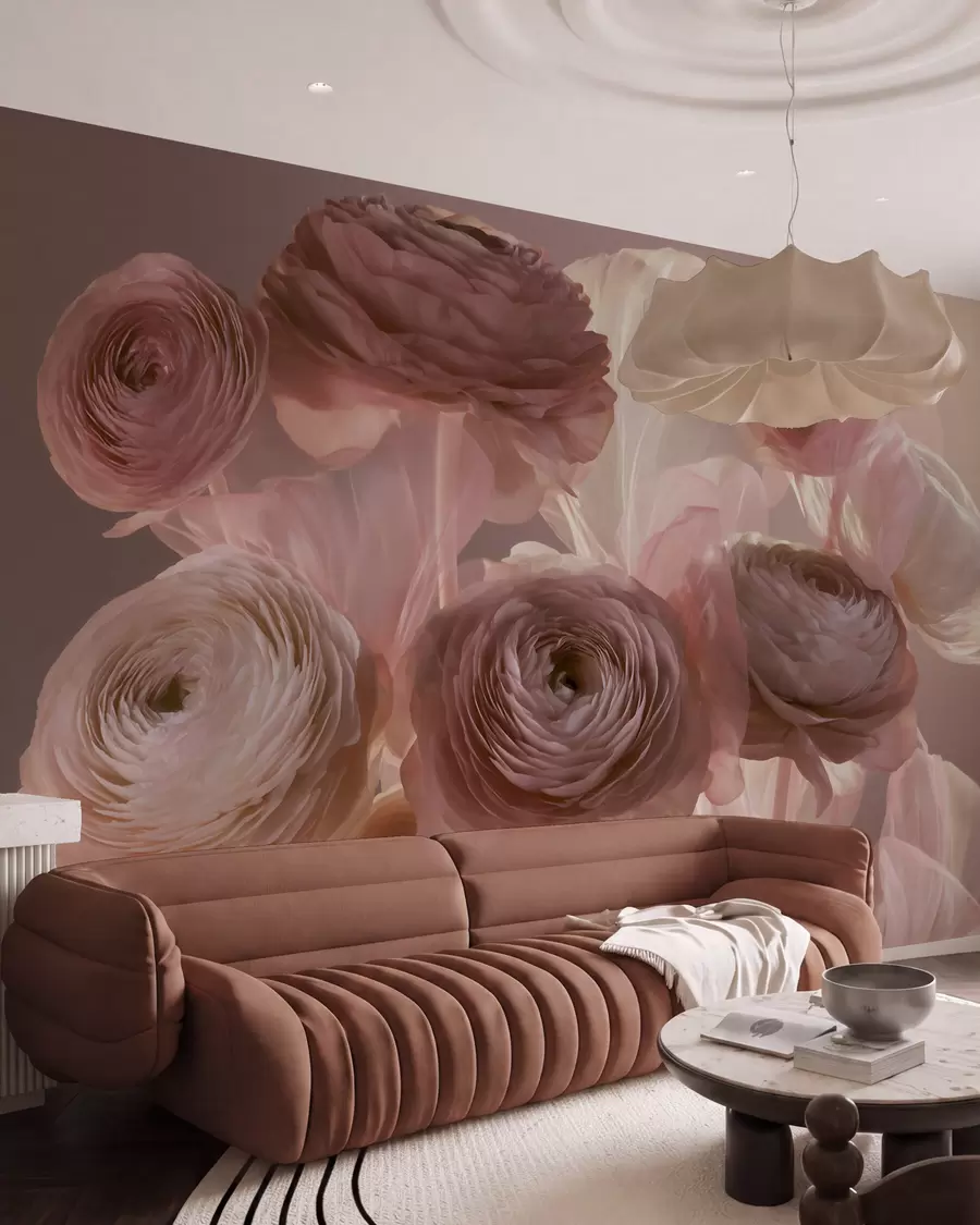 Fototapete Große, kunstvoll gestaltete Ranunkelblüten in zarten Rosa- und Cremetönen w09921