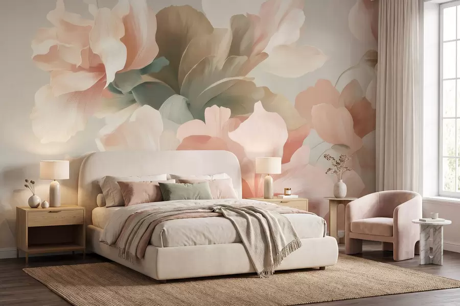 Fototapete Große, kunstvoll gestaltete Blumen in sanften Pastelltönen wie Creme, Rosa und Grün w09935