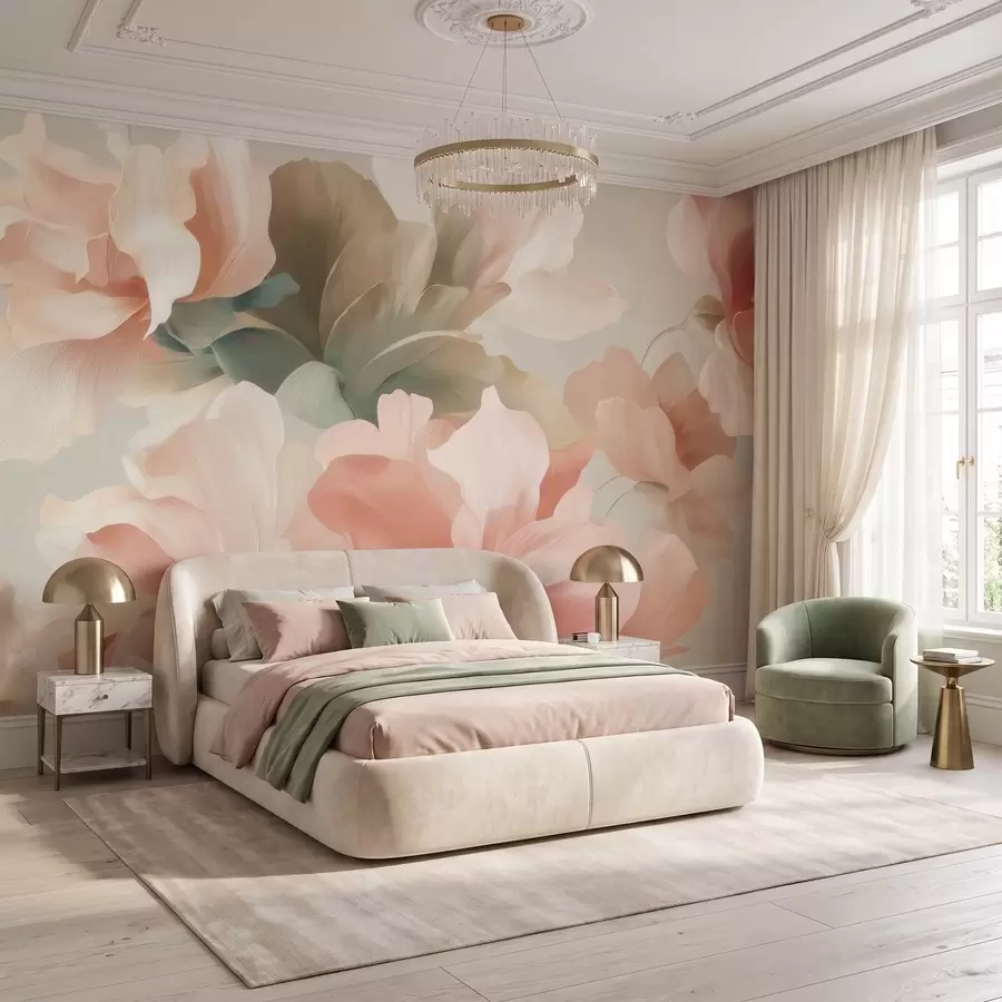 Fototapete Große, kunstvoll gestaltete Blumen in sanften Pastelltönen wie Creme, Rosa und Grün w09935