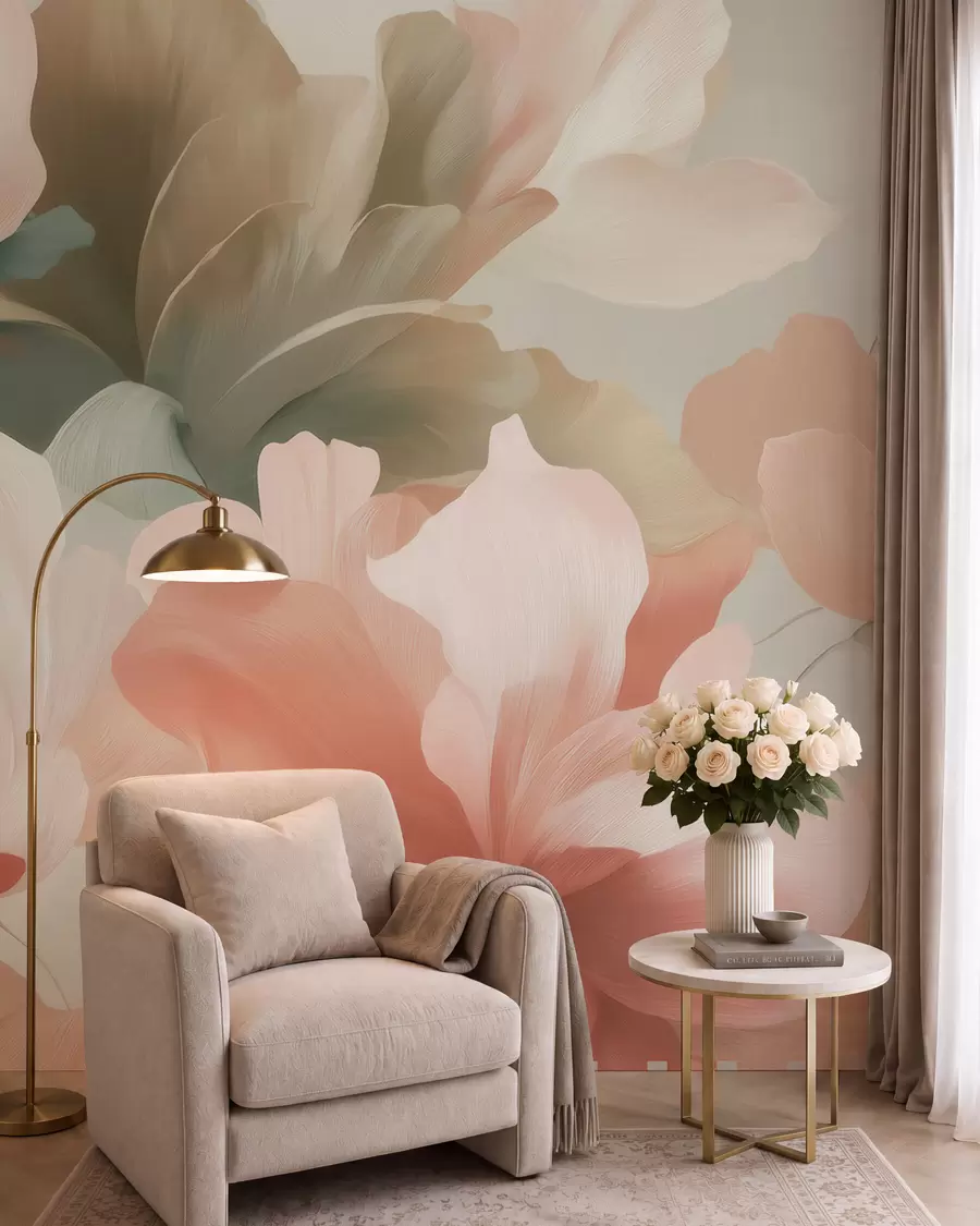 Fototapete Große, kunstvoll gestaltete Blumen in sanften Pastelltönen wie Creme, Rosa und Grün w09935
