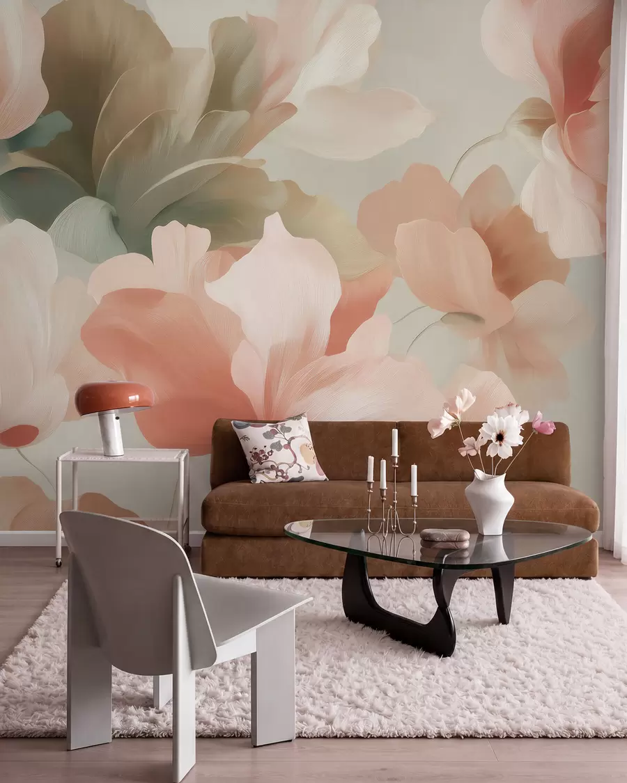 Fototapete Große, kunstvoll gestaltete Blumen in sanften Pastelltönen wie Creme, Rosa und Grün w09935