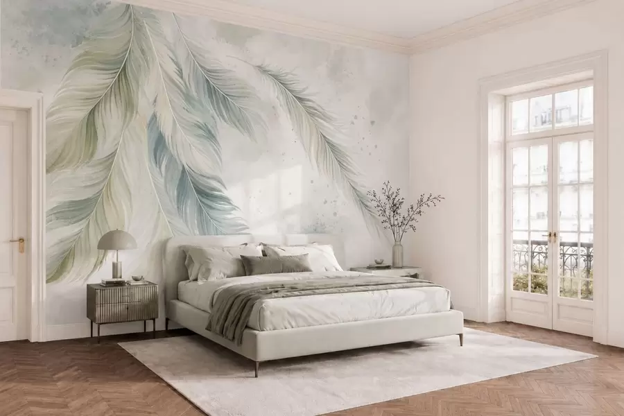 Fototapete Helle Federn vor einem zarten Aquarellhintergrund w05737v2