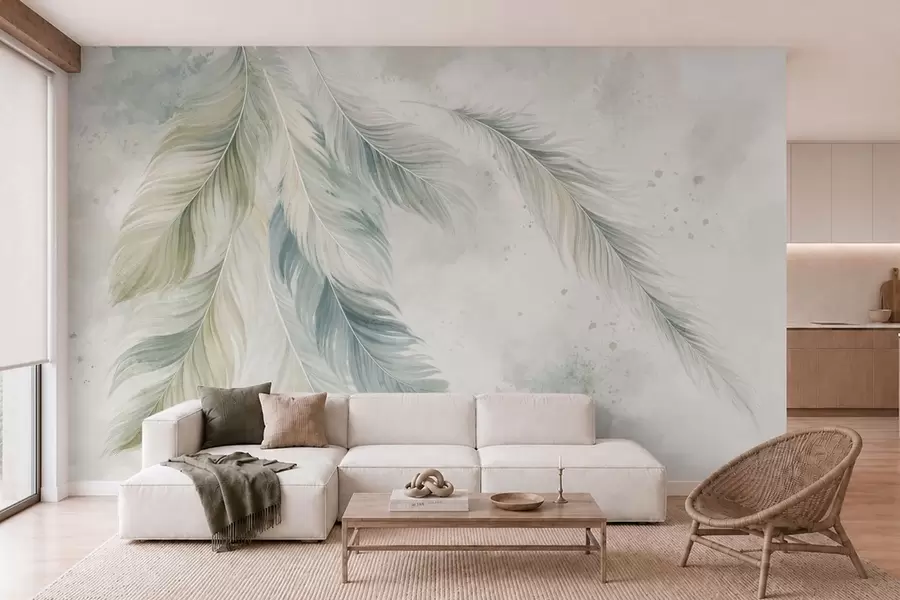 Fototapete Helle Federn vor einem zarten Aquarellhintergrund w05737v2