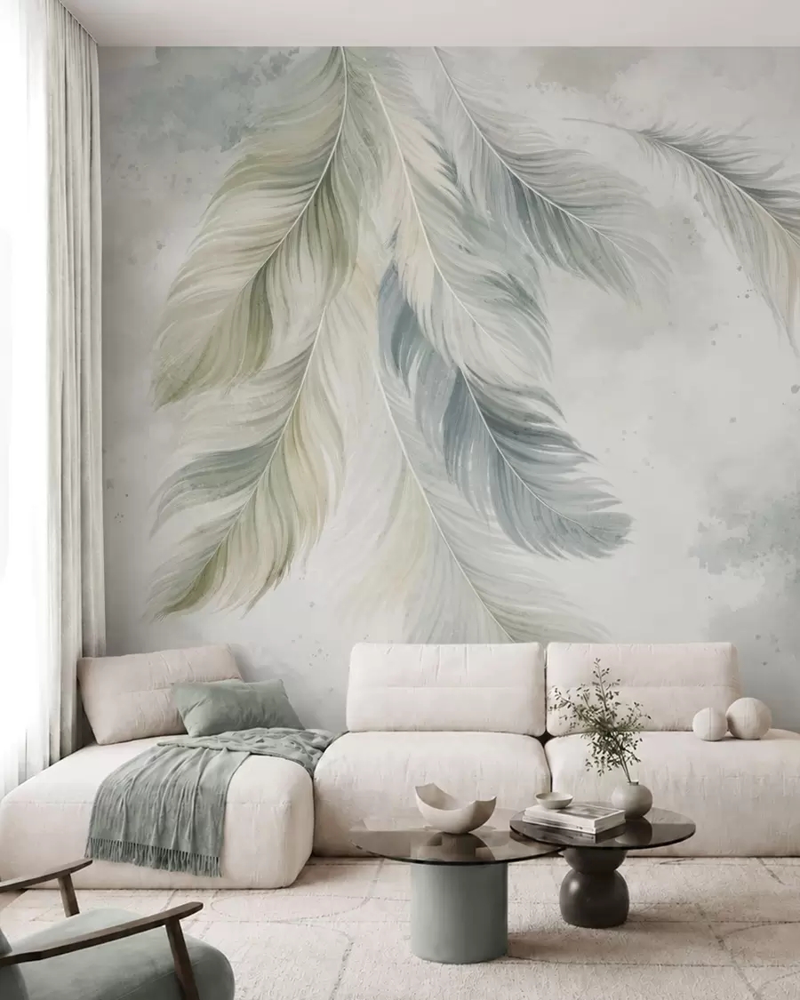 Fototapete Helle Federn vor einem zarten Aquarellhintergrund w05737v2