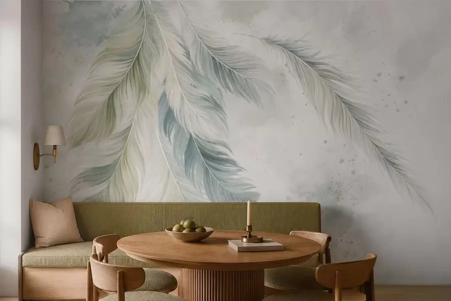 Fototapete Helle Federn vor einem zarten Aquarellhintergrund w05737v2