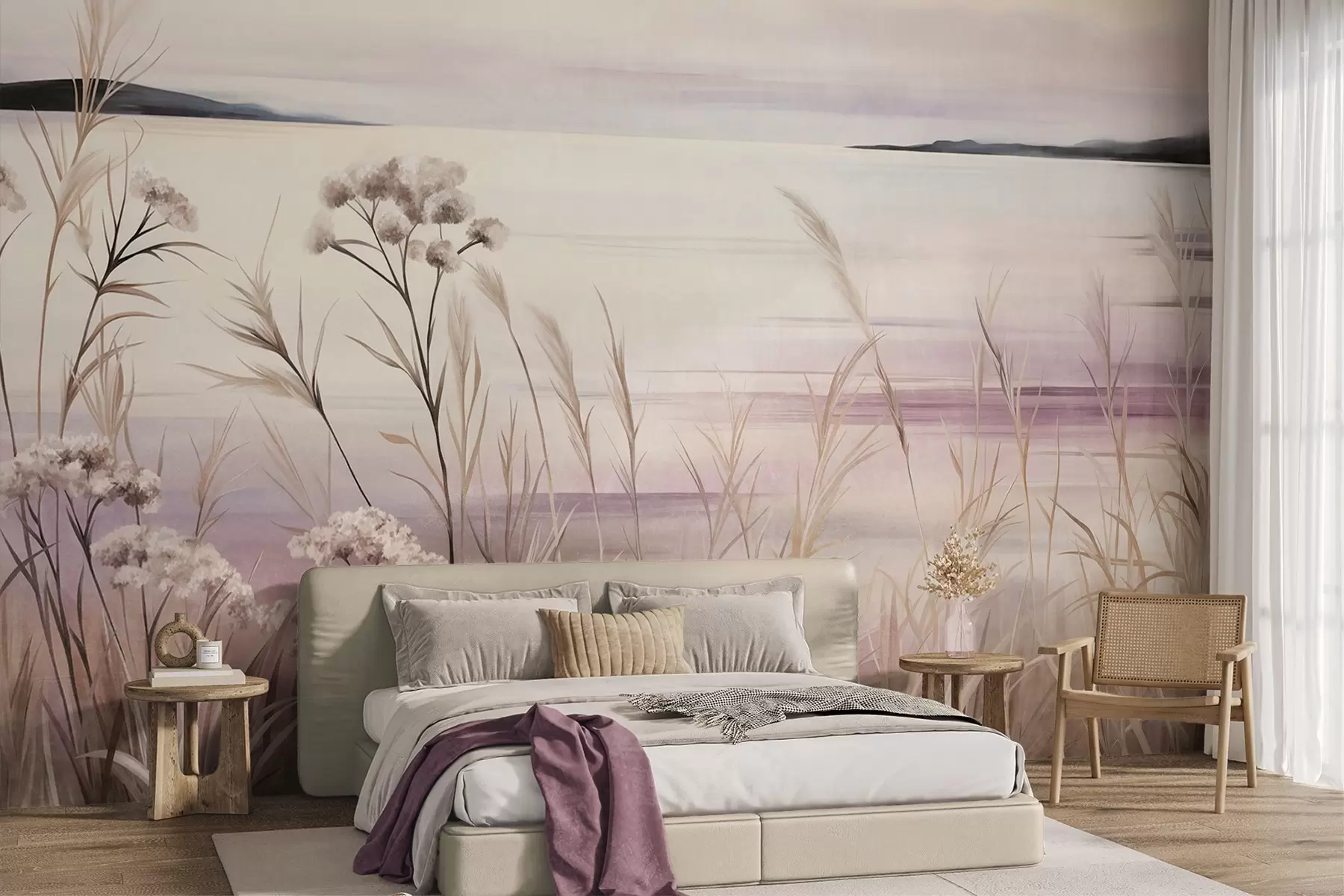 Fototapete Landschaft mit getrockneten Blumen und hohem Gras am Flussufer, sanfter, pastellfarbener Himmel w09939